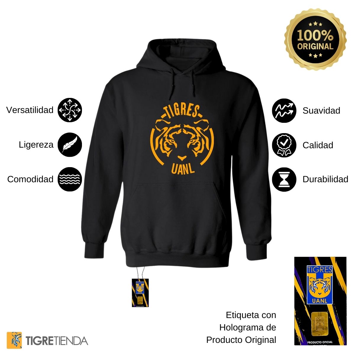 Sudadera Hombre Hoodie Tigres UANL Rostro Tigre