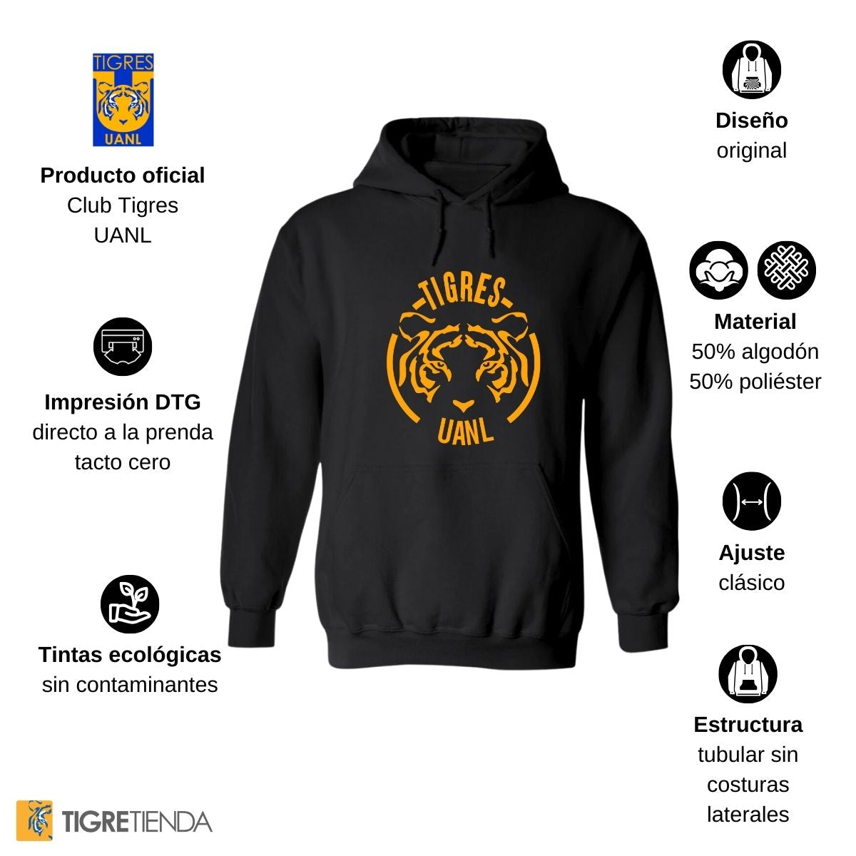 Sudadera Hombre Hoodie Tigres UANL Rostro Tigre