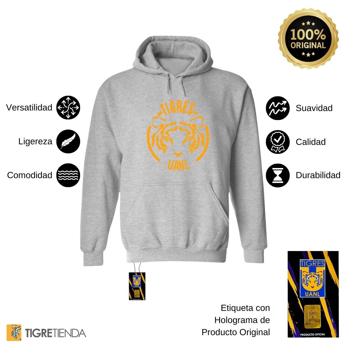 Sudadera Hombre Hoodie Tigres UANL Rostro Tigre