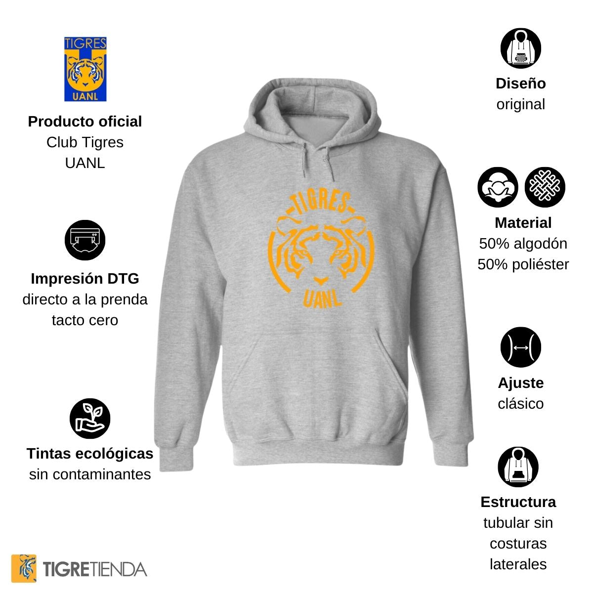 Sudadera Hombre Hoodie Tigres UANL Rostro Tigre