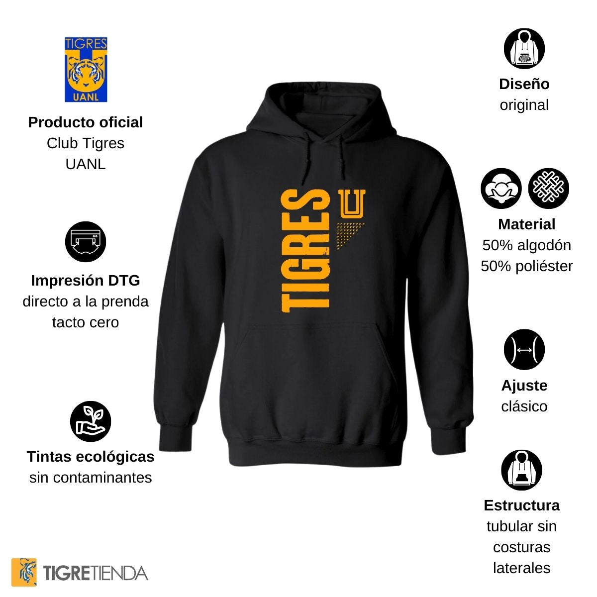 Sudadera Hombre Hoodie Tigres UANL Logo Amarillo Fte