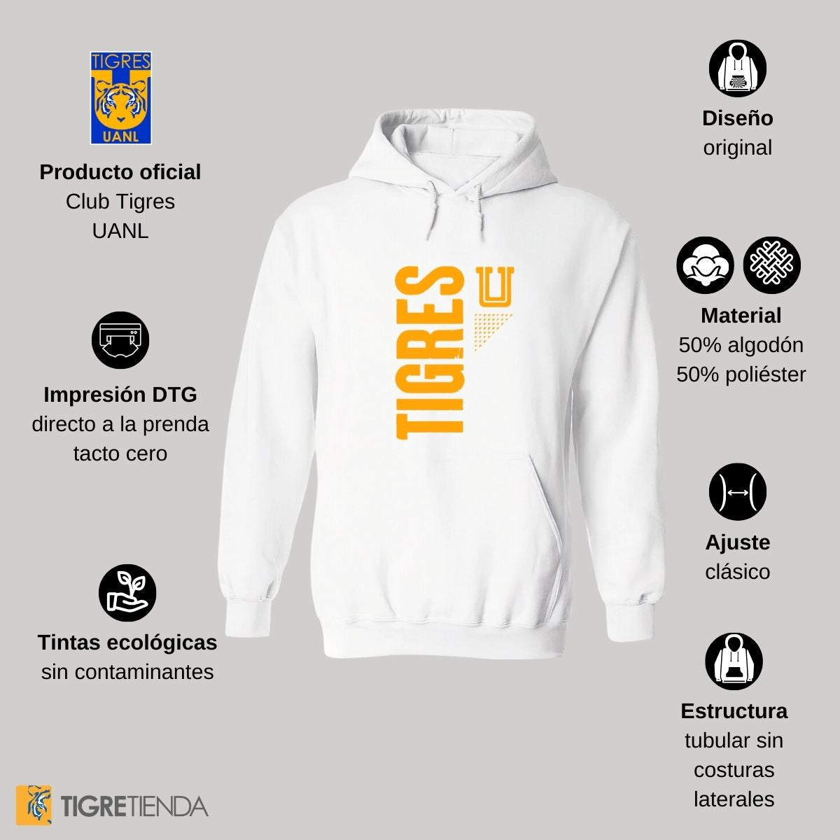 Sudadera Hombre Hoodie Tigres UANL Logo Amarillo Fte