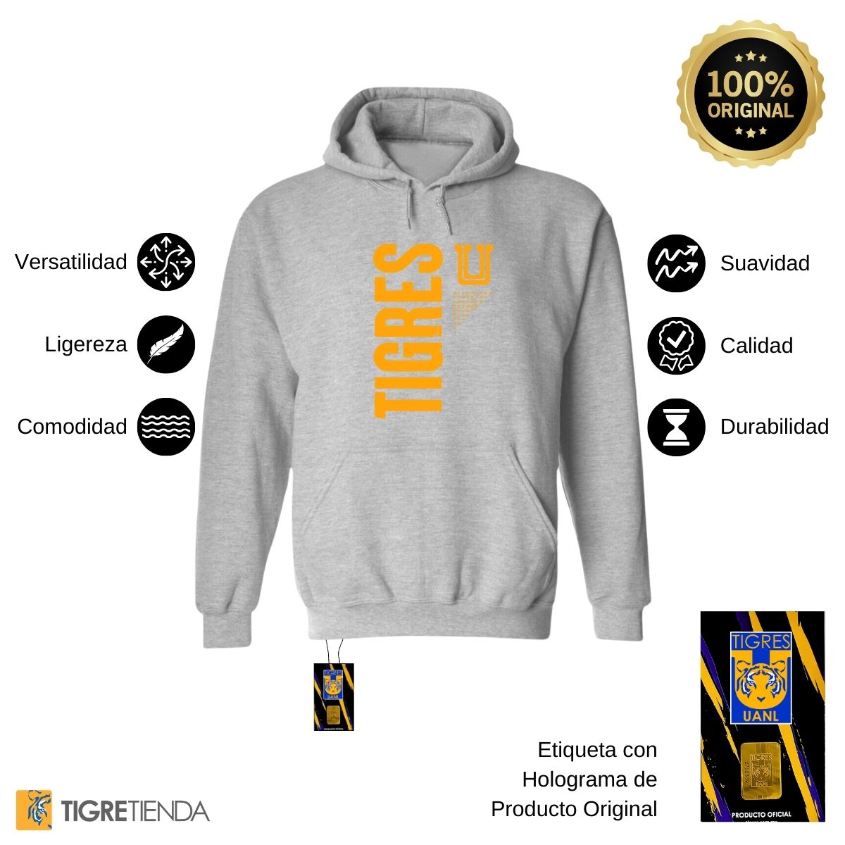 Sudadera Hombre Hoodie Tigres UANL Logo Amarillo Fte