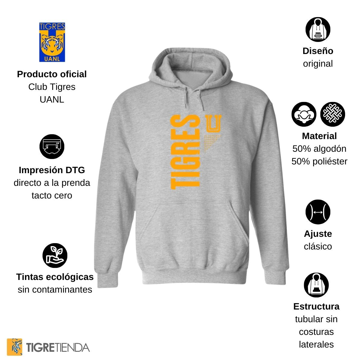 Sudadera Hombre Hoodie Tigres UANL Logo Amarillo Fte