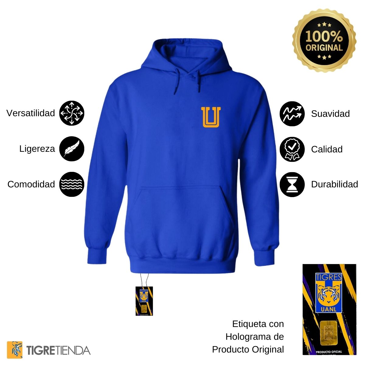 Sudadera Hombre Hoodie Tigres UANL Logo U Amarillo