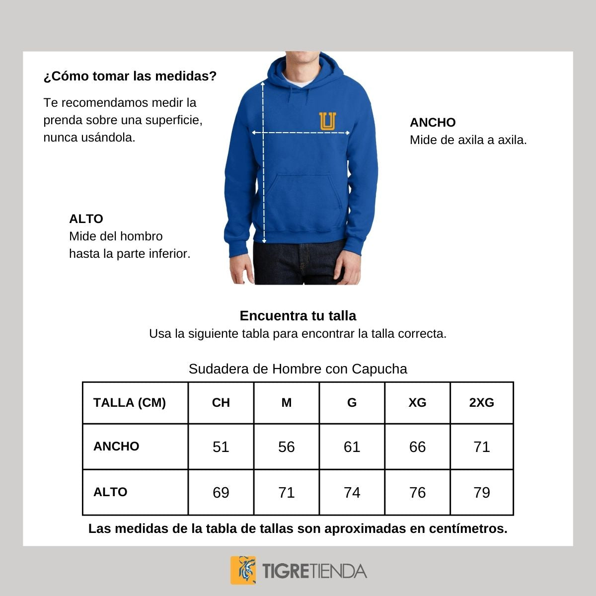 Sudadera Hombre Hoodie Tigres UANL Logo U Amarillo