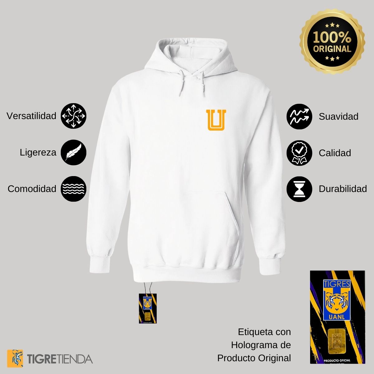 Sudadera Hombre Hoodie Tigres UANL Logo U Amarillo