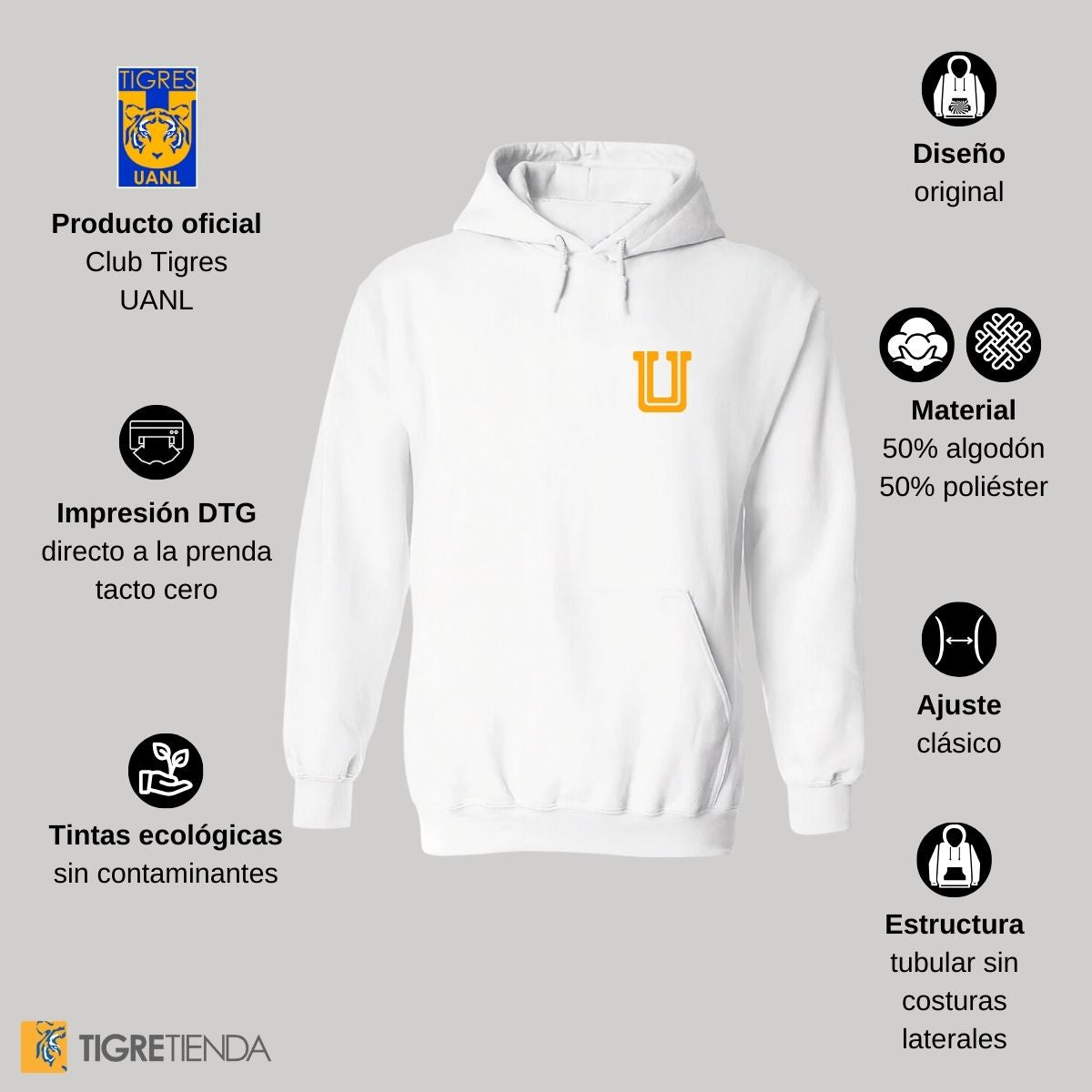 Sudadera Hombre Hoodie Tigres UANL Logo U Amarillo