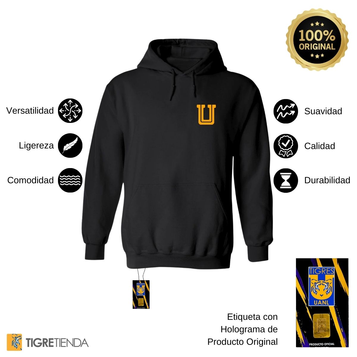 Sudadera Hombre Hoodie Tigres UANL Logo U Amarillo