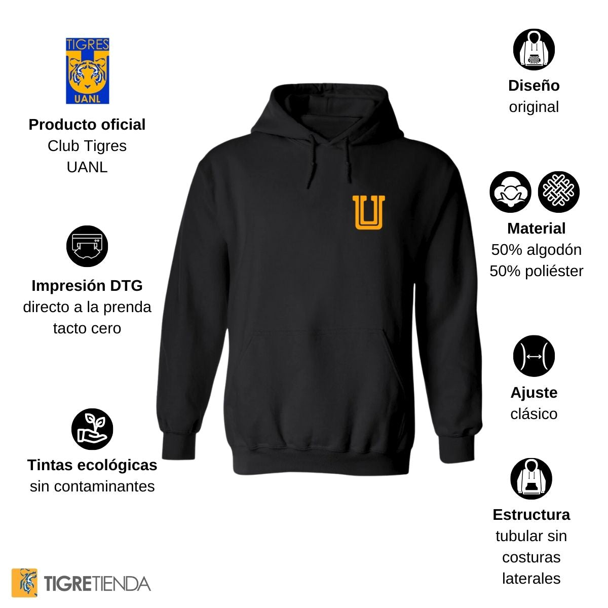 Sudadera Hombre Hoodie Tigres UANL Logo U Amarillo