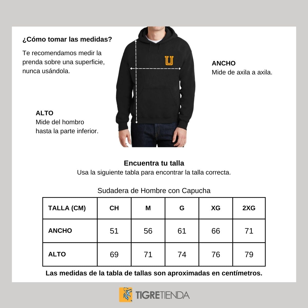 Sudadera Hombre Hoodie Tigres UANL Logo U Amarillo