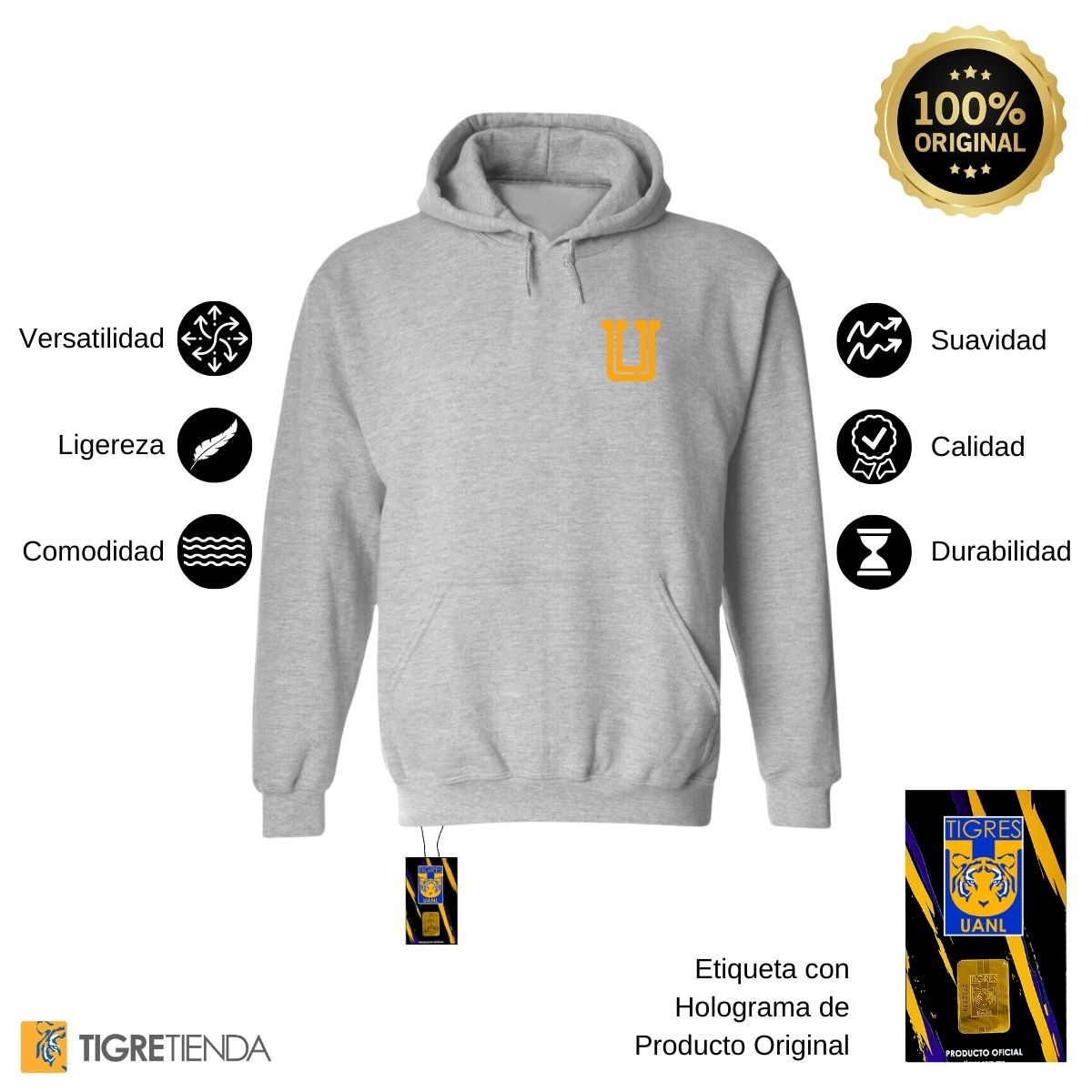 Sudadera Hombre Hoodie Tigres UANL Logo U Amarillo