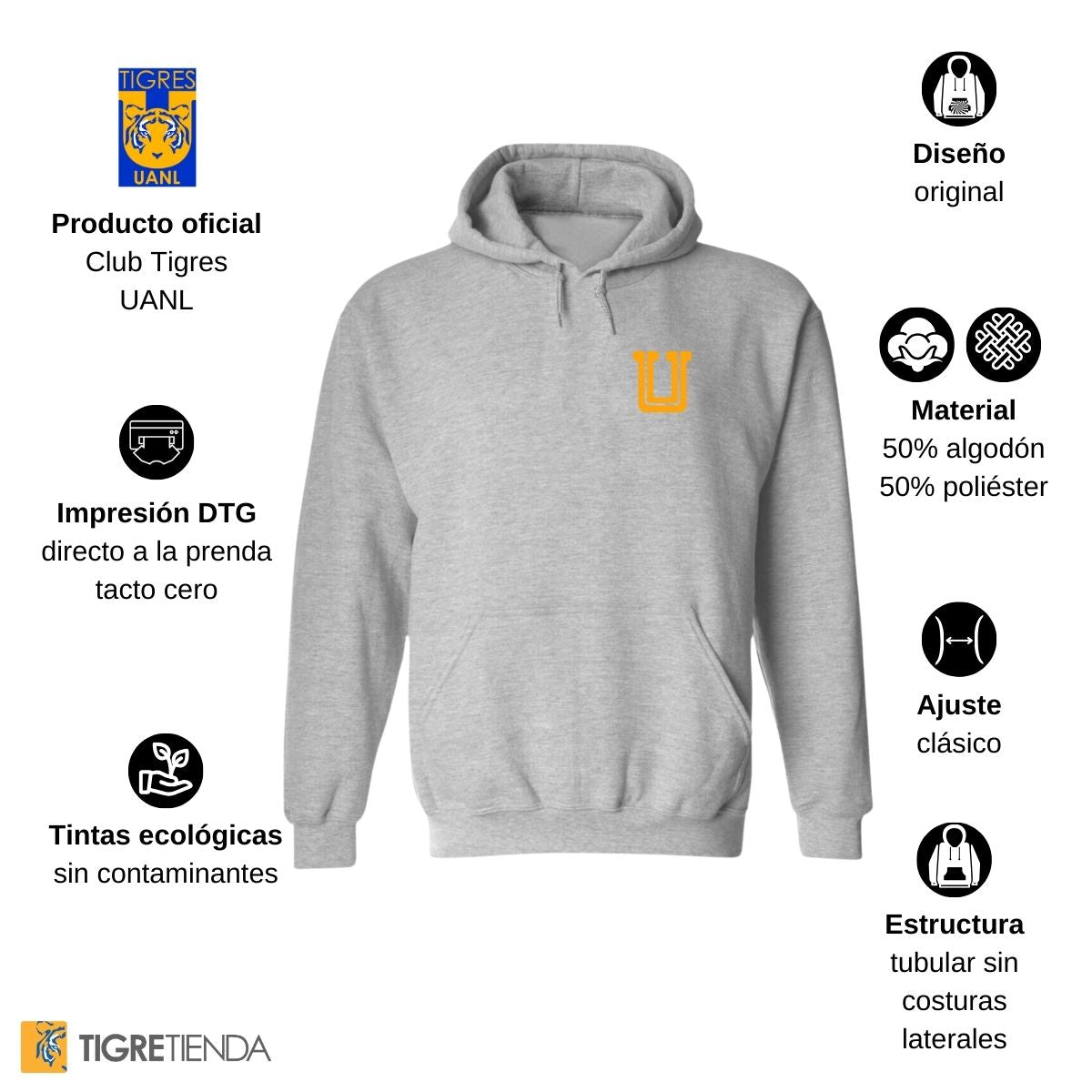 Sudadera Hombre Hoodie Tigres UANL Logo U Amarillo