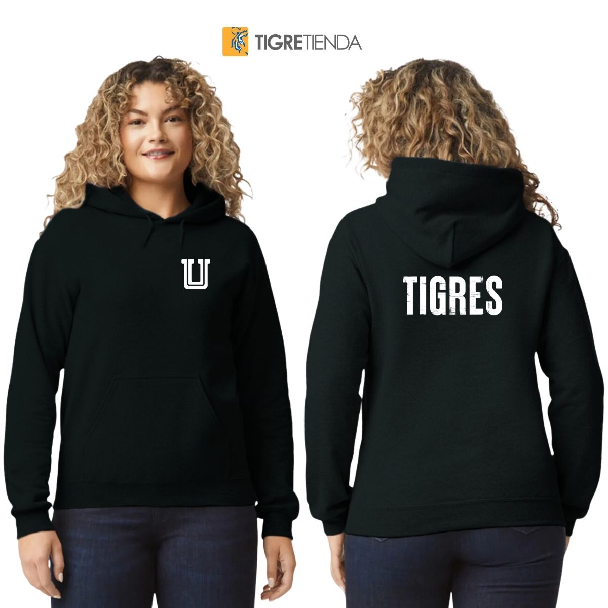 Sudadera Mujer Hoodie Tigres UANL Logo U Combinado BYN
