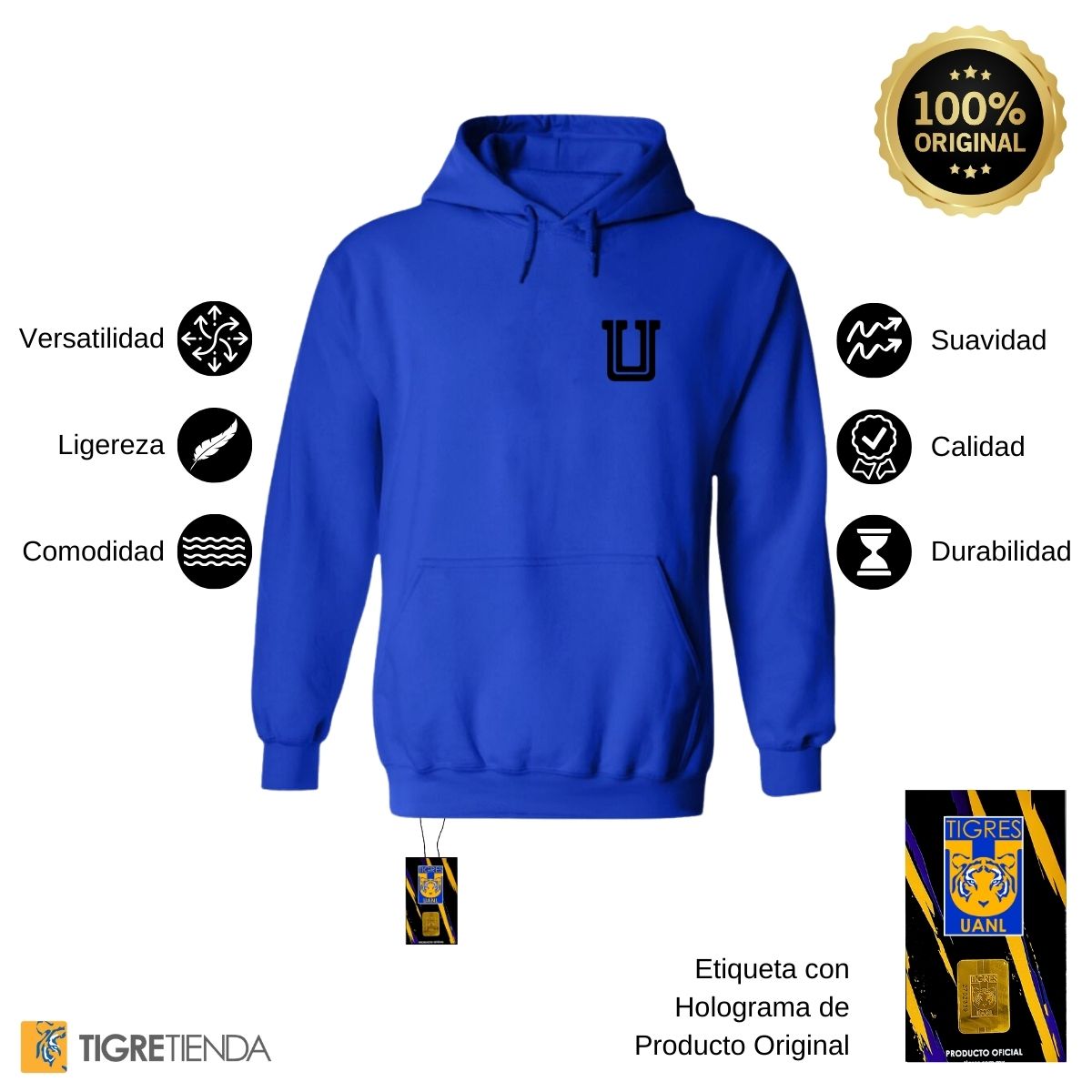 Sudadera Hombre Hoodie Tigres UANL Logo U Combinado