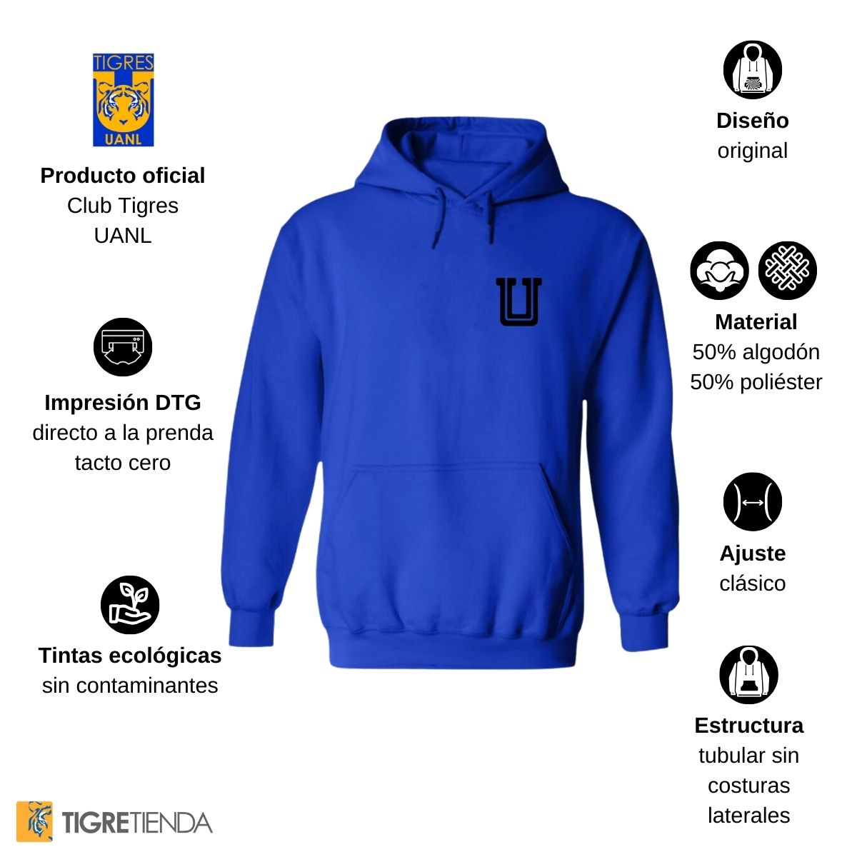 Sudadera Hombre Hoodie Tigres UANL Logo U Combinado