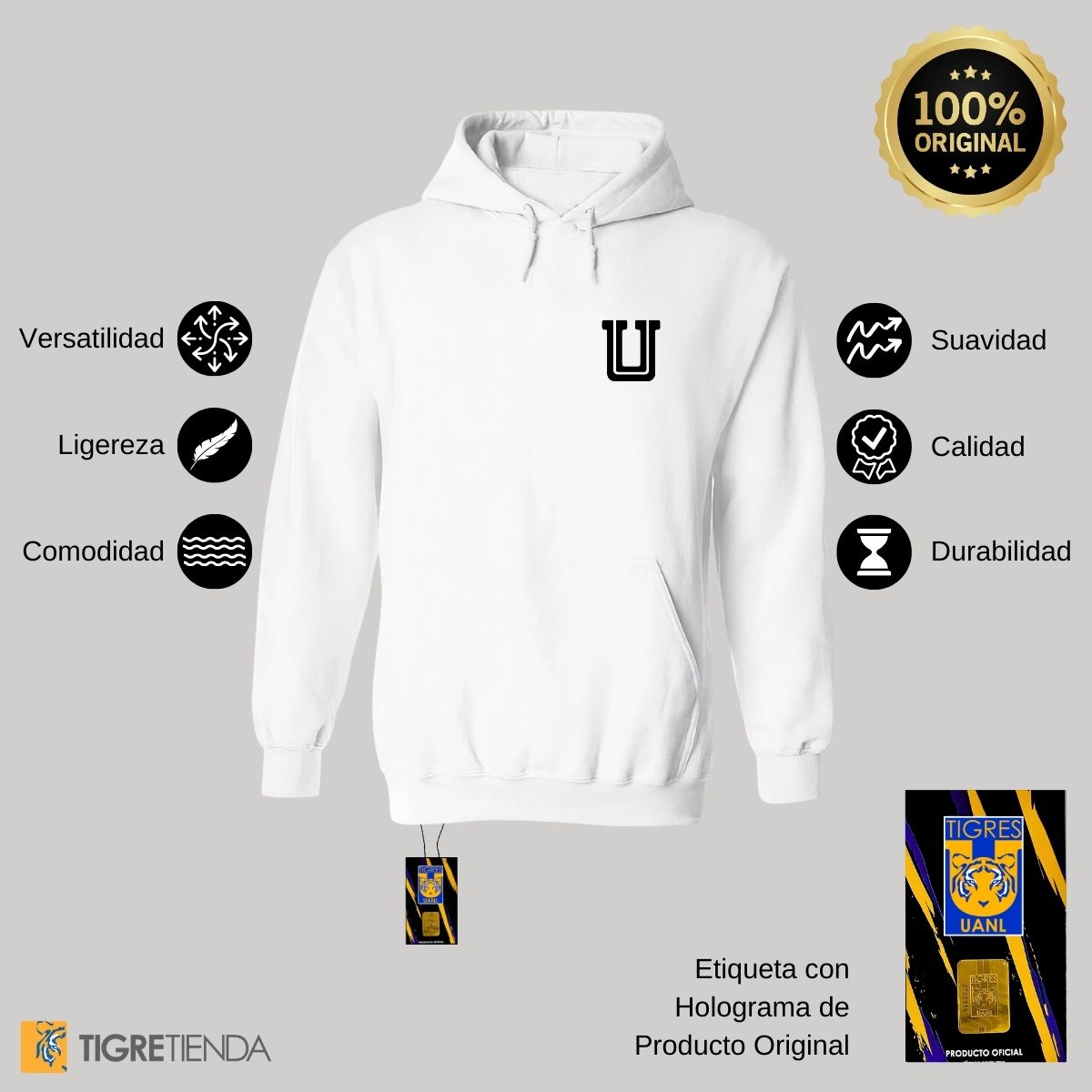 Sudadera Hombre Hoodie Tigres UANL Logo U Combinado