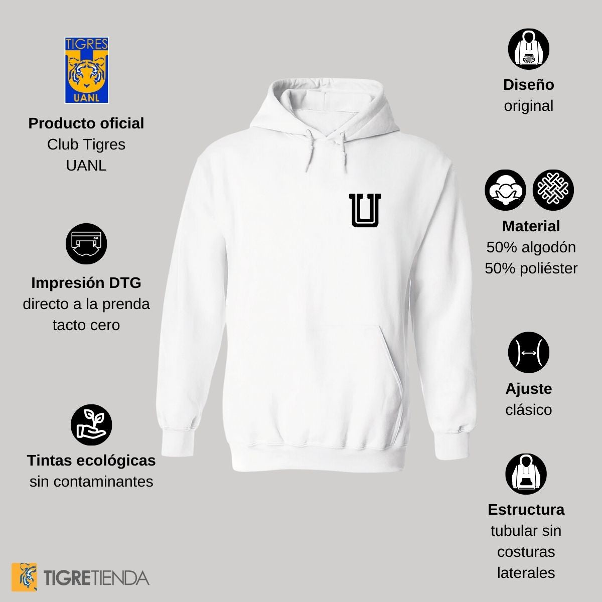 Sudadera Hombre Hoodie Tigres UANL Logo U Combinado