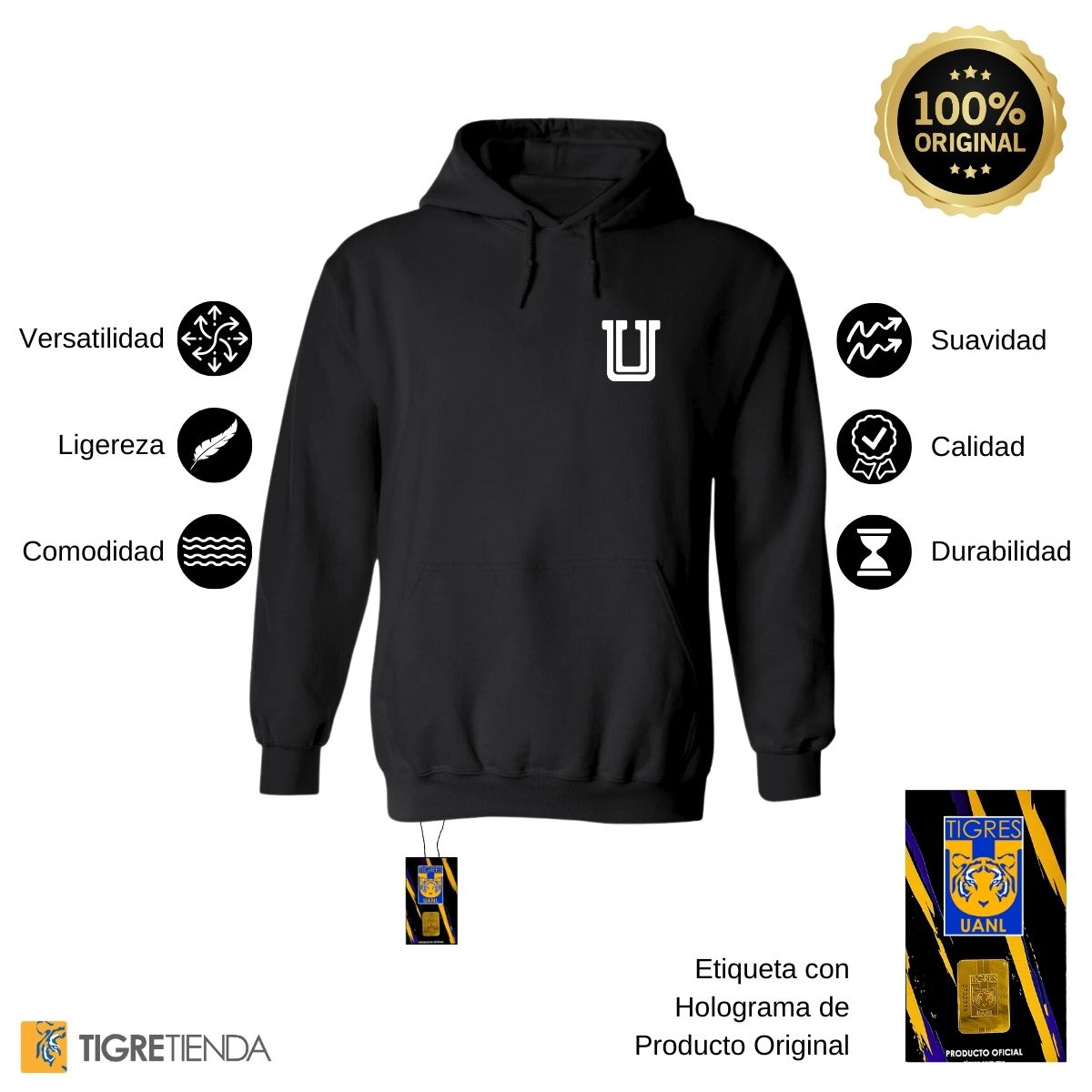 Sudadera Hombre Hoodie Tigres UANL Logo U Combinado