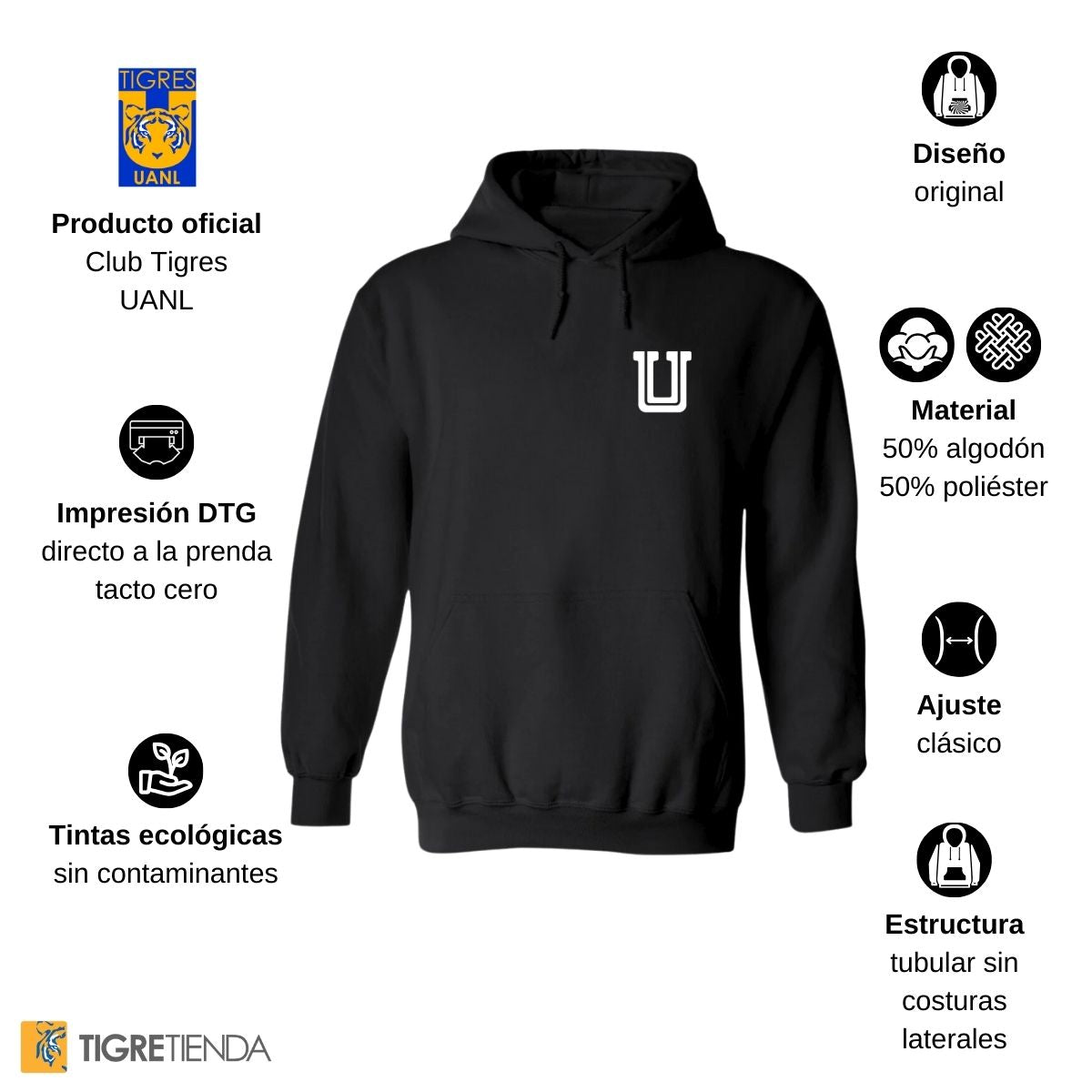 Sudadera Hombre Hoodie Tigres UANL Logo U Combinado