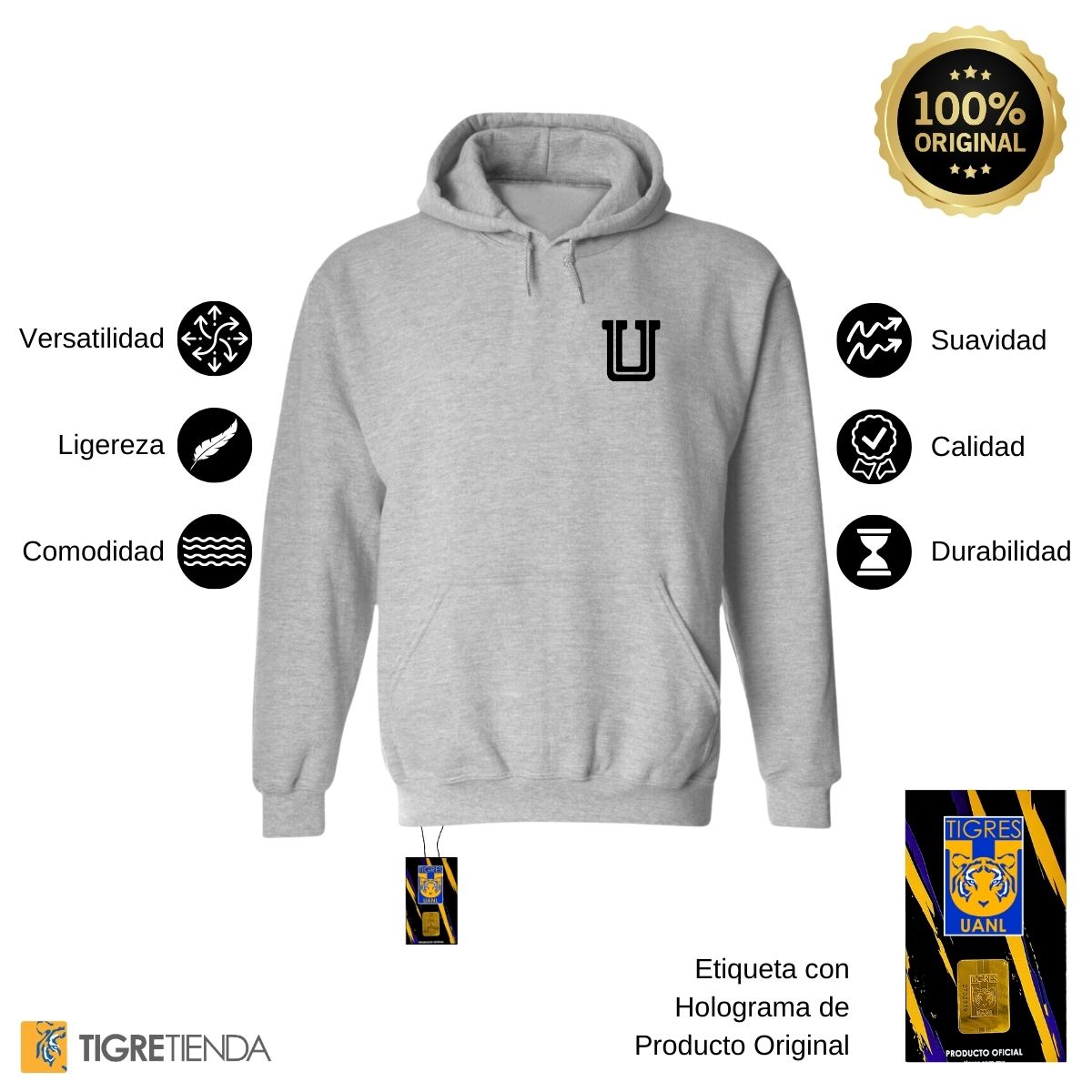 Sudadera Hombre Hoodie Tigres UANL Logo U Combinado