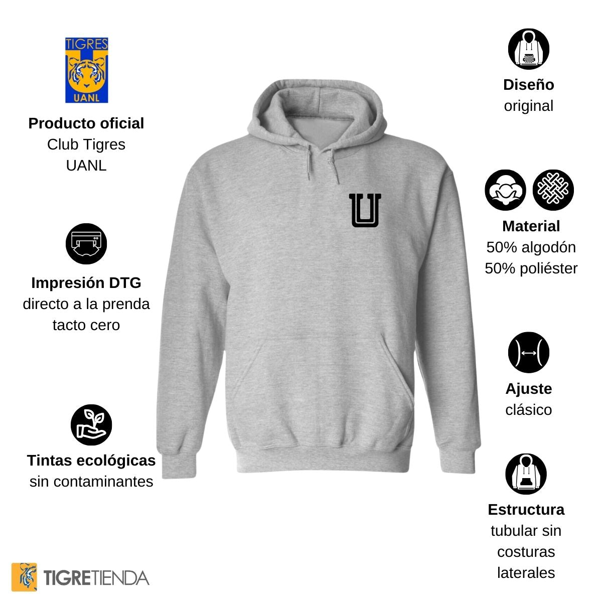 Sudadera Hombre Hoodie Tigres UANL Logo U Combinado