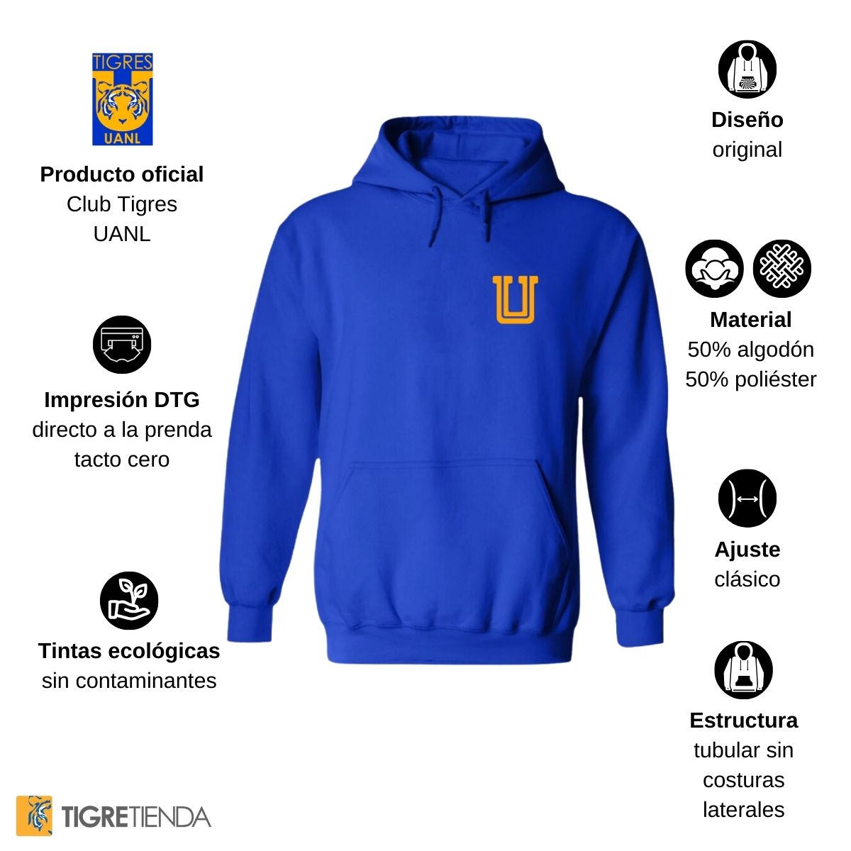 Sudadera Hombre Hoodie Tigres UANL Logo U Combinado BNA