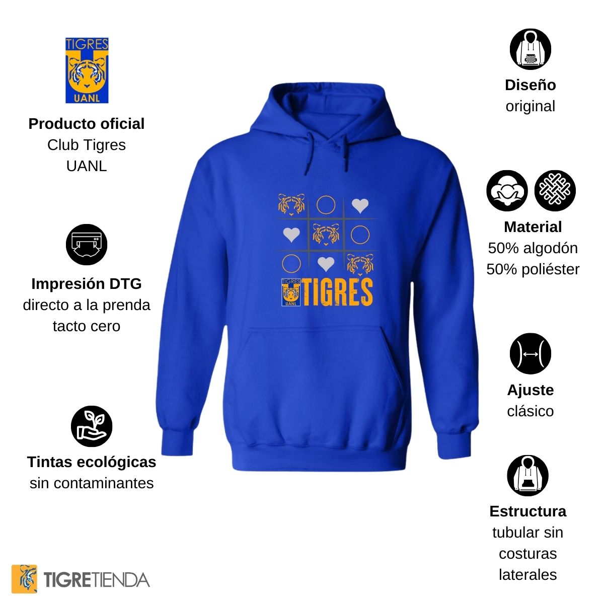 Sudadera Hombre Hoodie Tigres UANL Tic Tac Toe