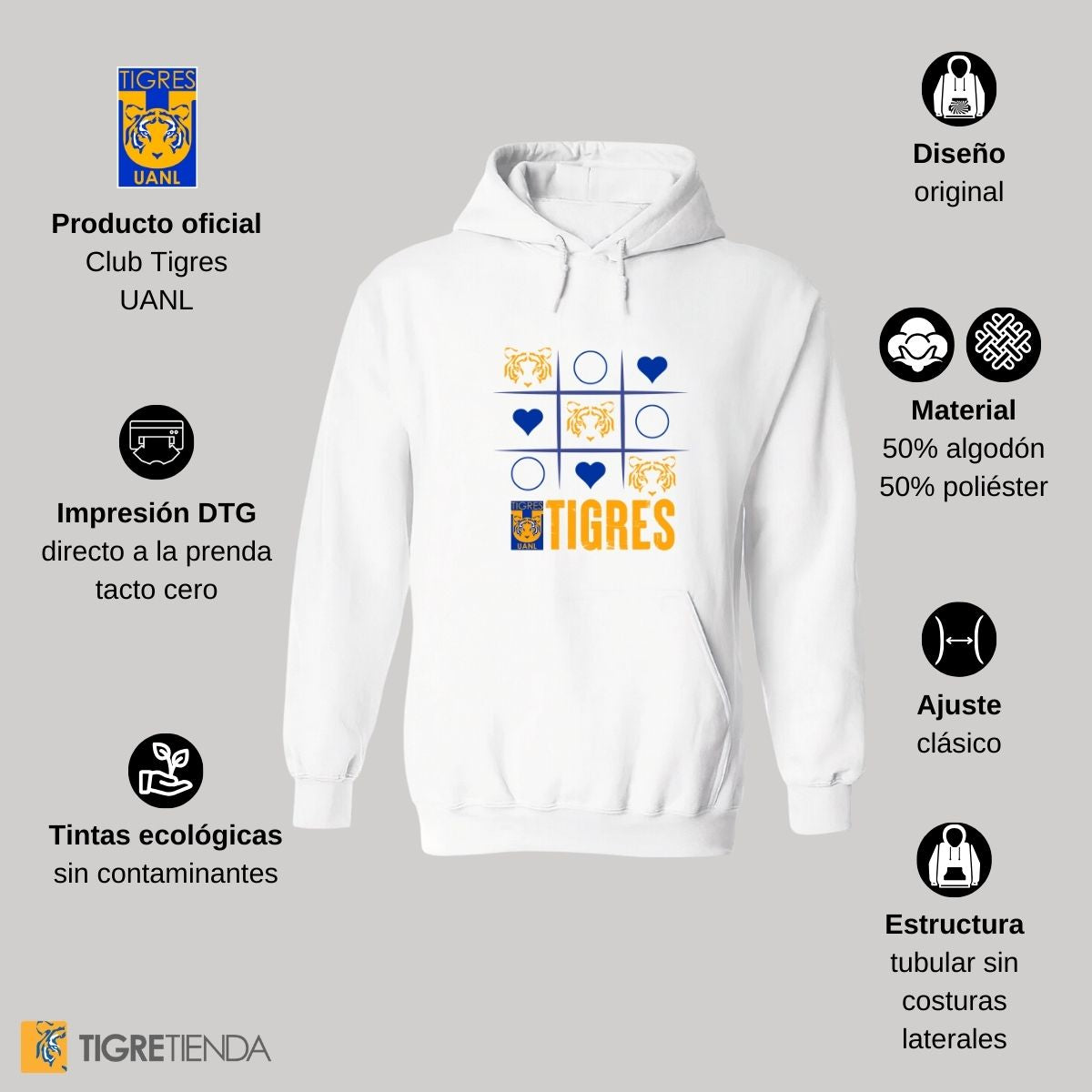 Sudadera Hombre Hoodie Tigres UANL Tic Tac Toe