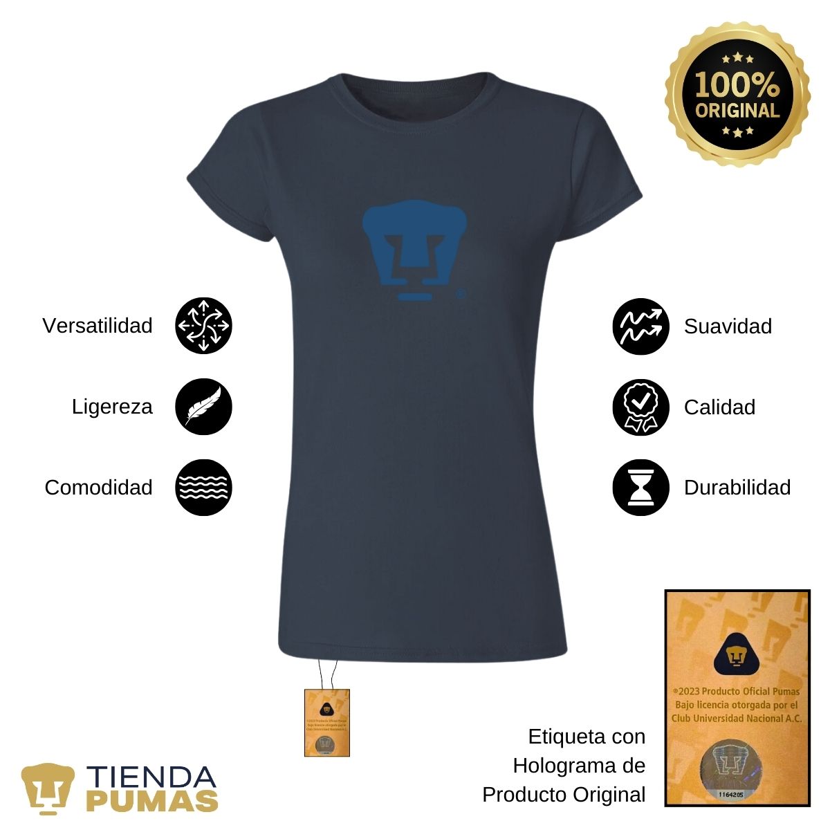 Playera Deportiva Mujer Pumas UNAM Azul Logo Vinil