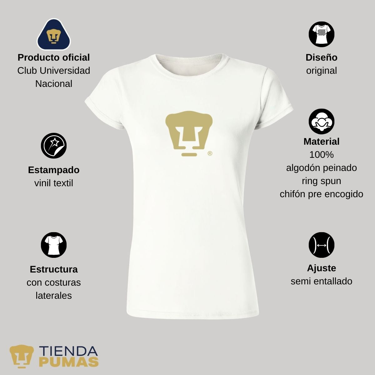 Playera Mujer Pumas UNAM Dorado Logo Vinil