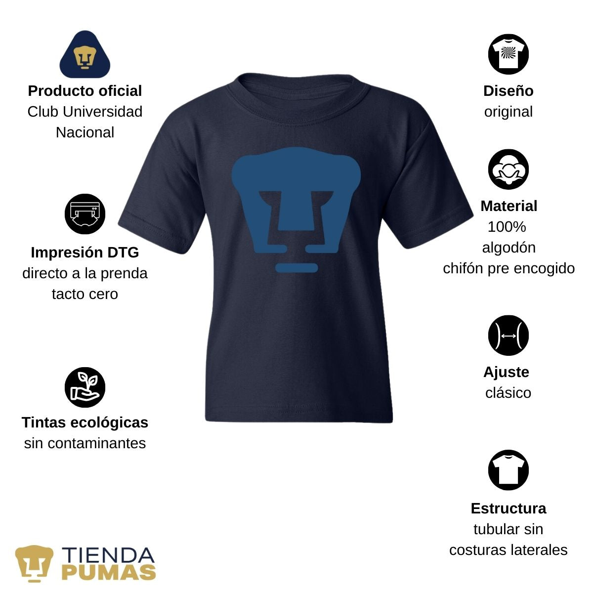 Playera Niño Niña Pumas UNAM Logo Azul