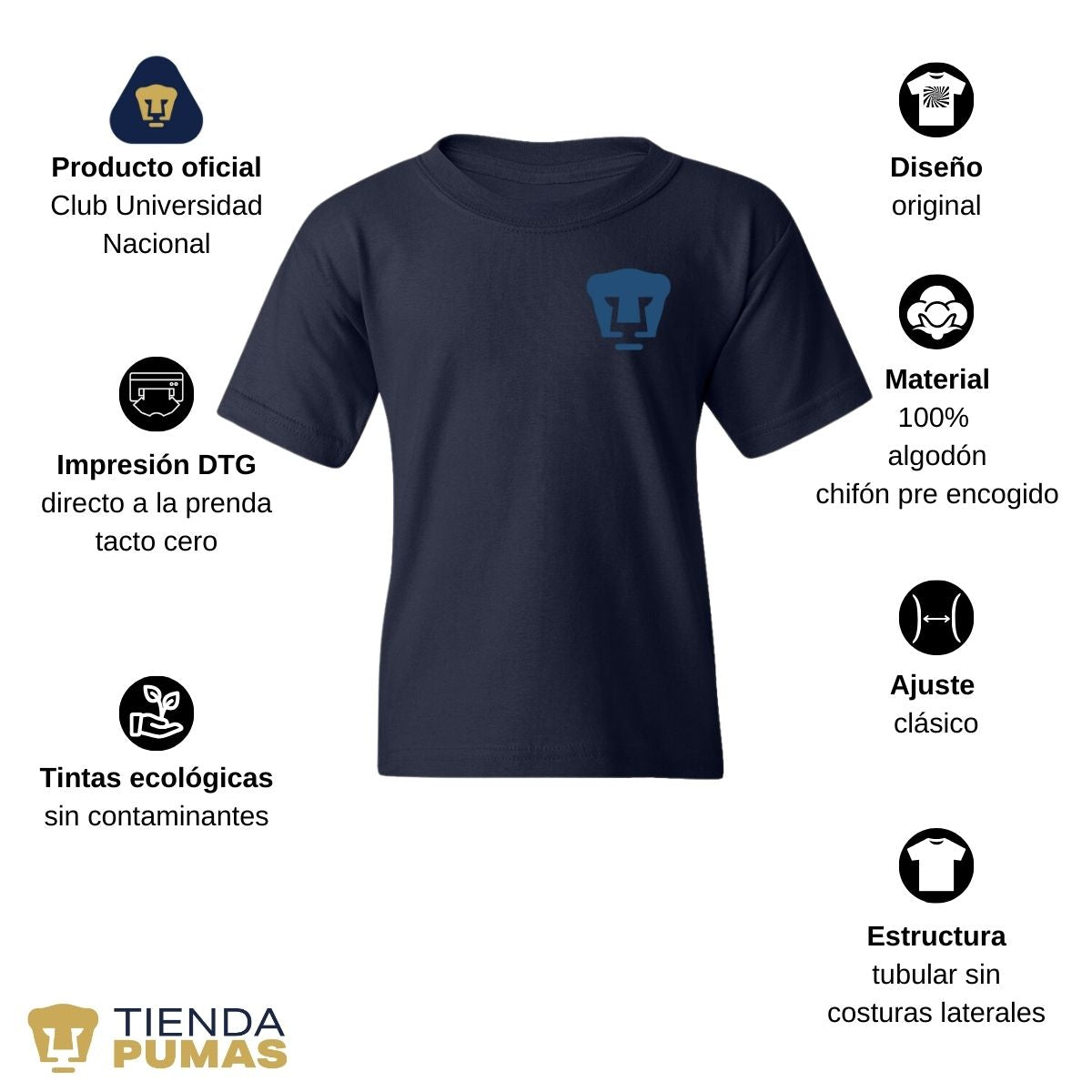 Playera Niño Niña Pumas UNAM Logo Azul Escudo