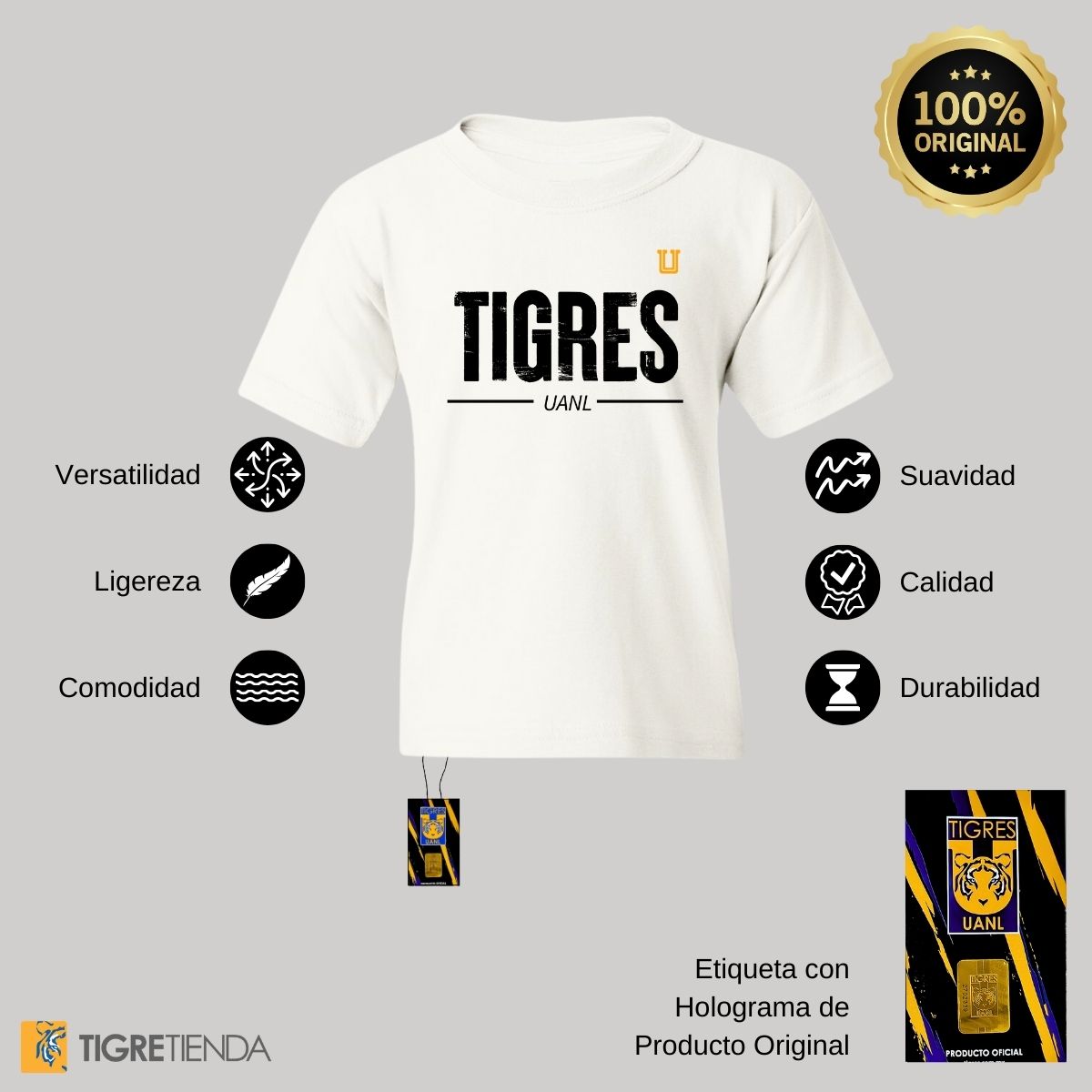 Playera Niño Niña Tigres UANL Logo Mono Amarillo