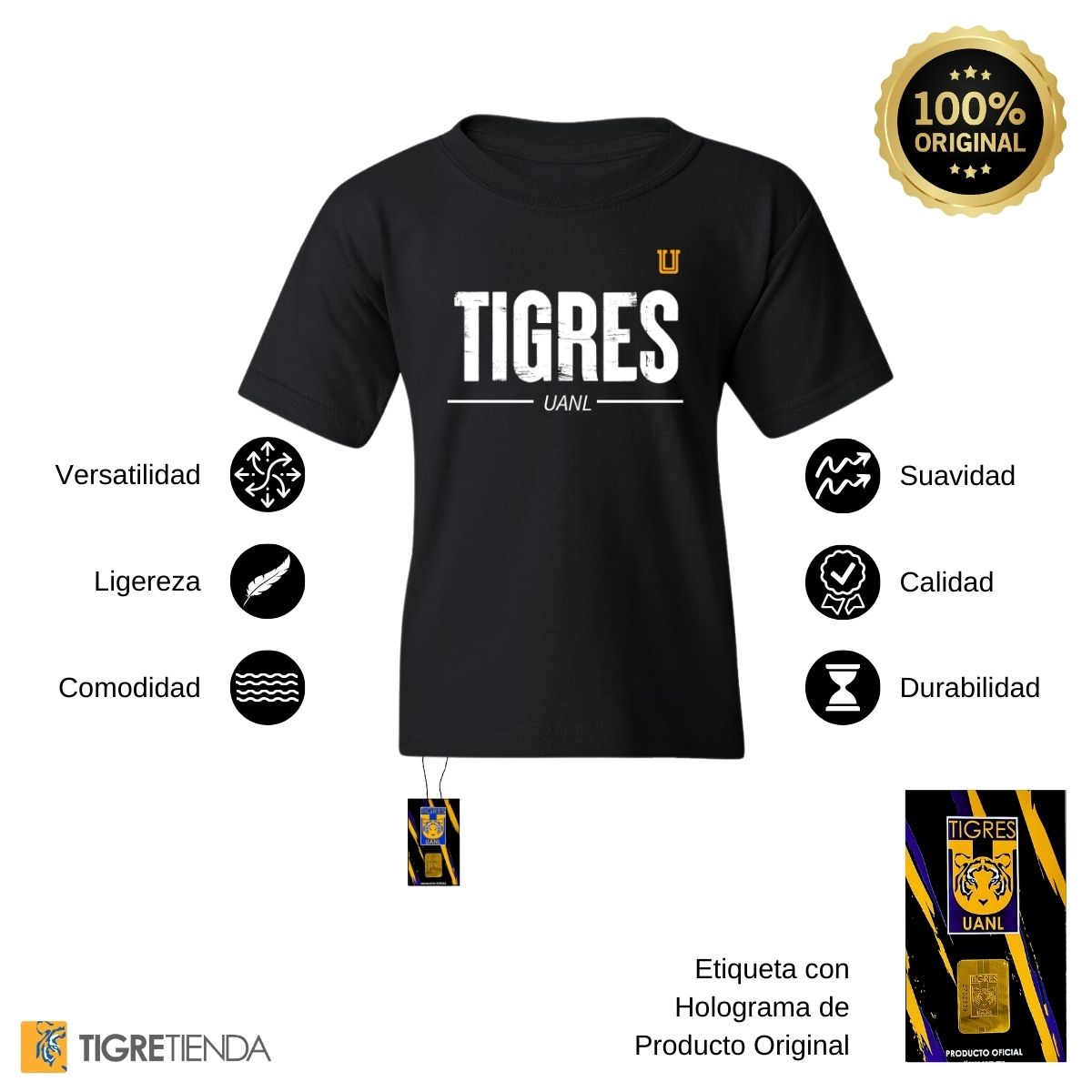 Playera Niño Niña Tigres UANL Logo Mono Amarillo