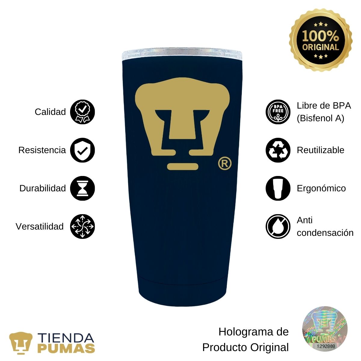 Termo 20 Oz Pumas UNAM Logo dorado