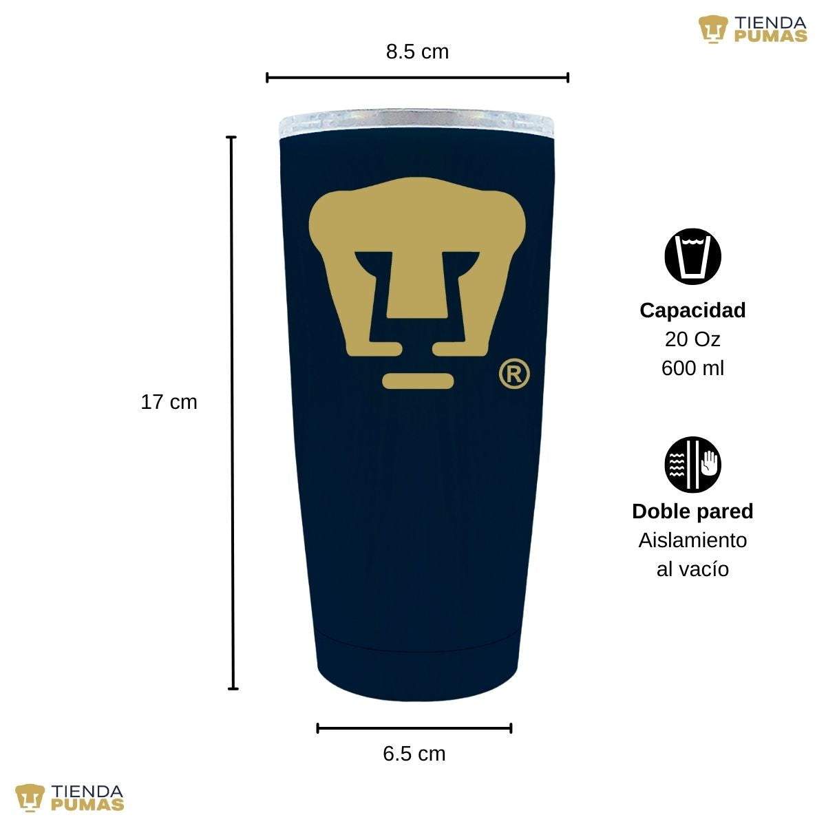 Termo 20 Oz Pumas UNAM Logo dorado