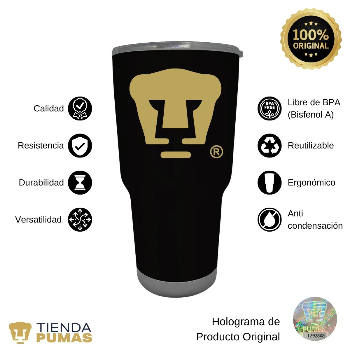 Termo 30 Oz Pumas UNAM Logo dorado