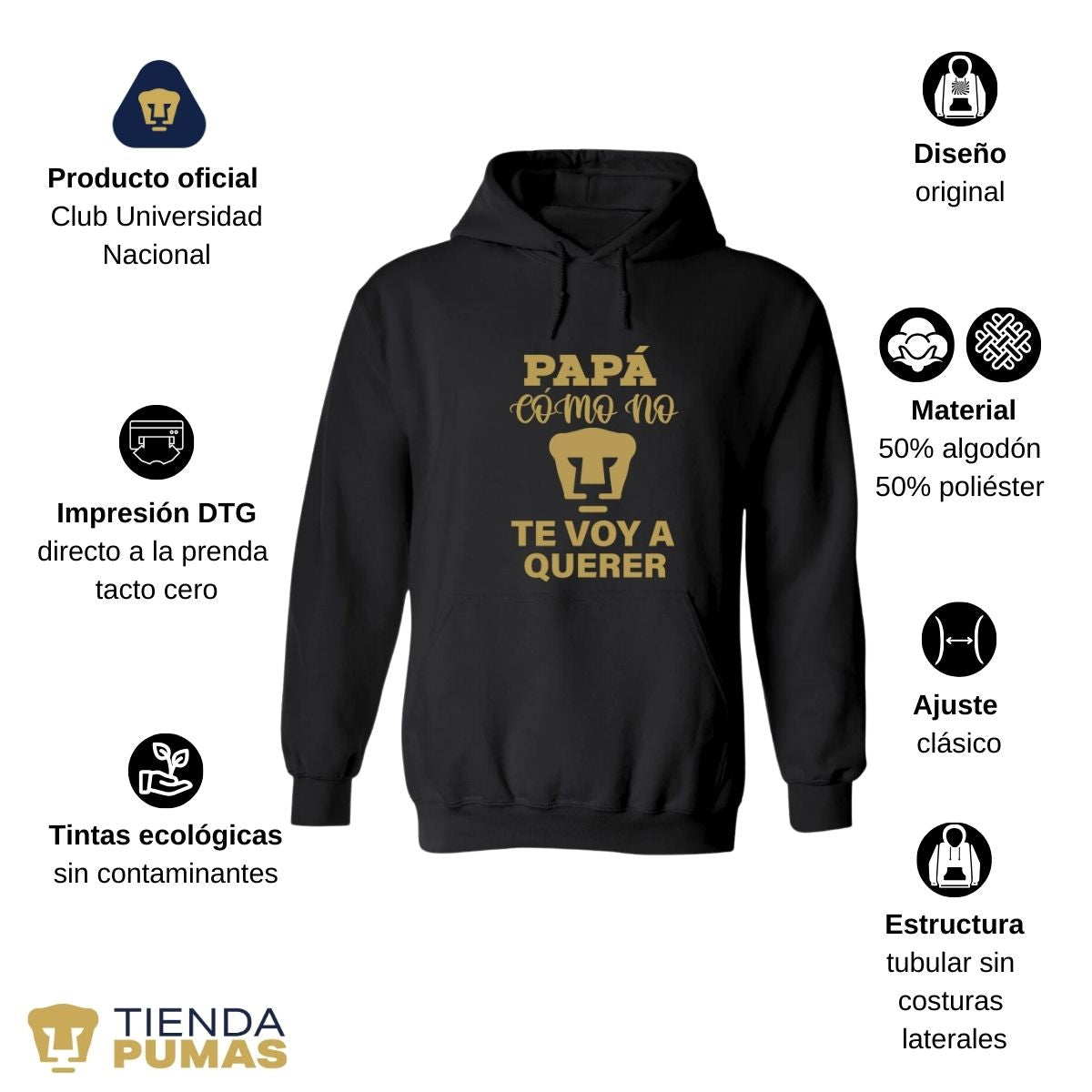 Sudadera Hombre Hoodie Pumas UNAM Papá cómo no te voy Querer