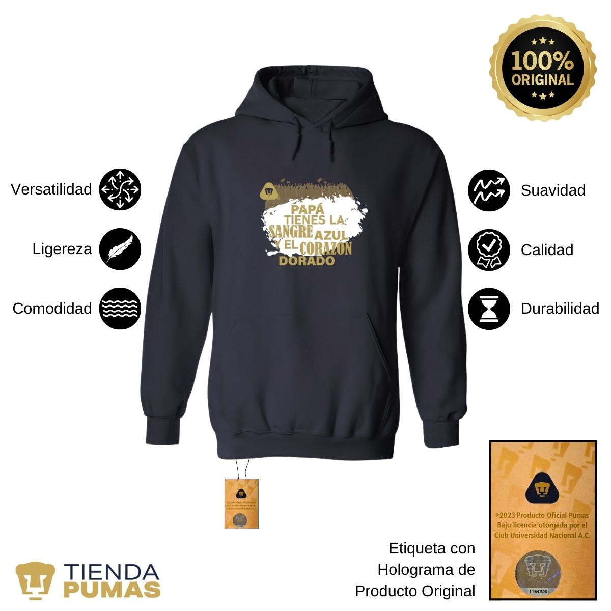 Sudadera Hombre Hoodie Pumas UNAM Papá sangre azul