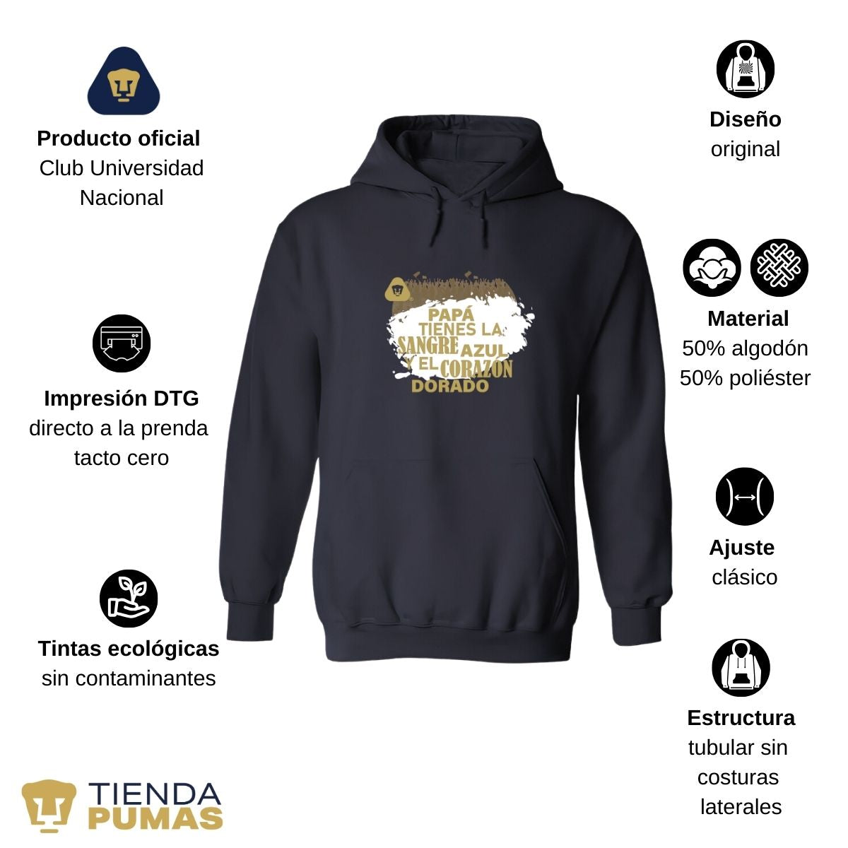 Sudadera Hombre Hoodie Pumas UNAM Papá sangre azul