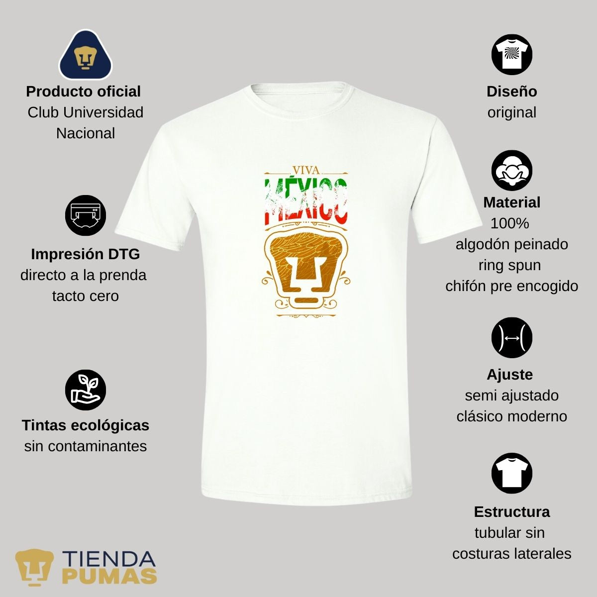 Playera Hombre Pumas UNAM Viva México Escudo