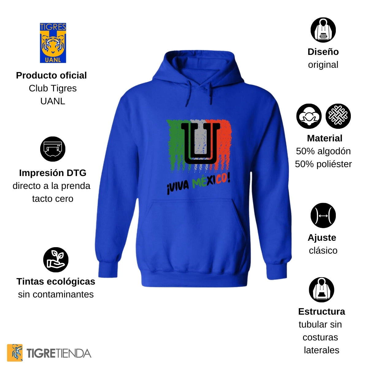 Sudadera Hombre Hoodie Tigres UANL Viva México