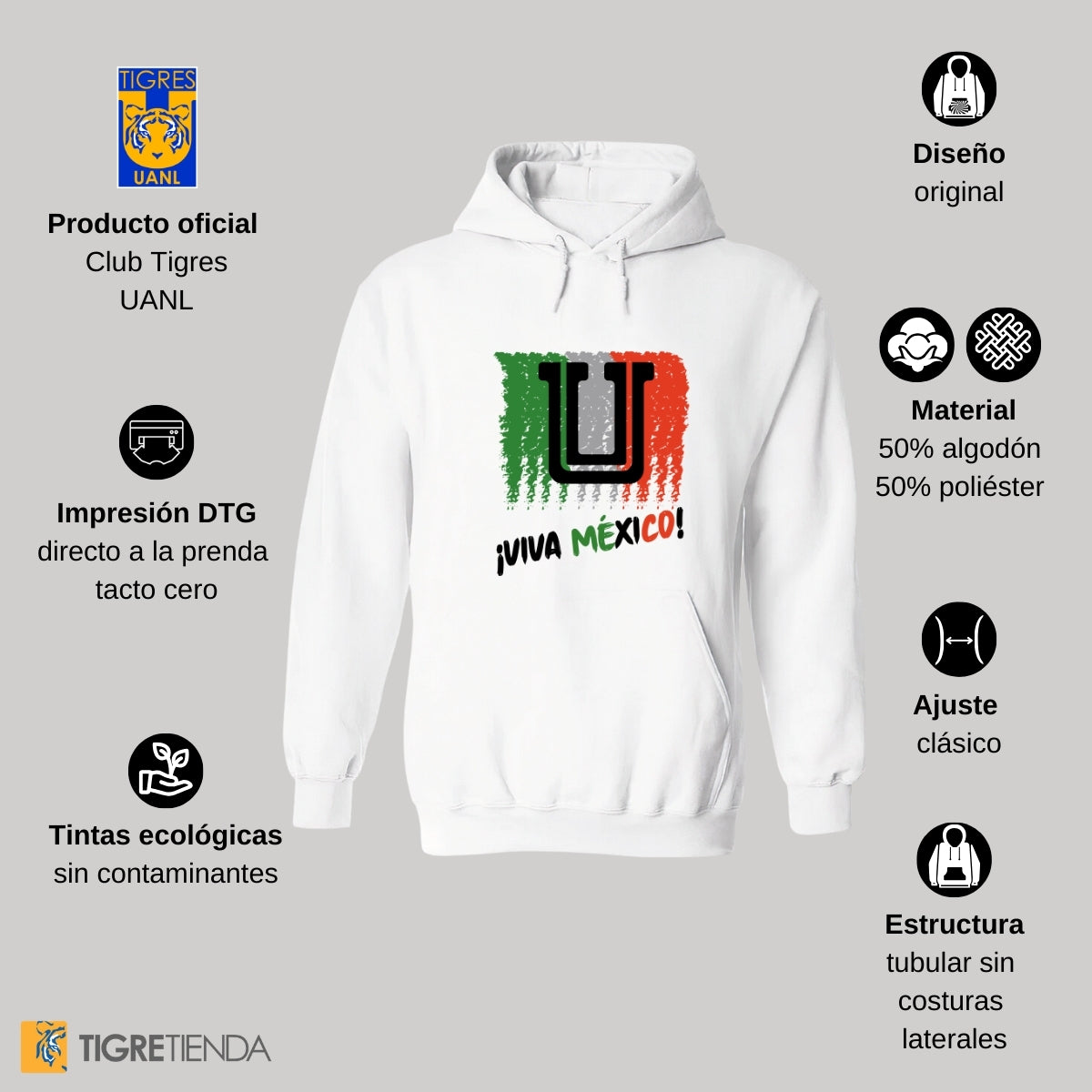 Sudadera Hombre Hoodie Tigres UANL Viva México