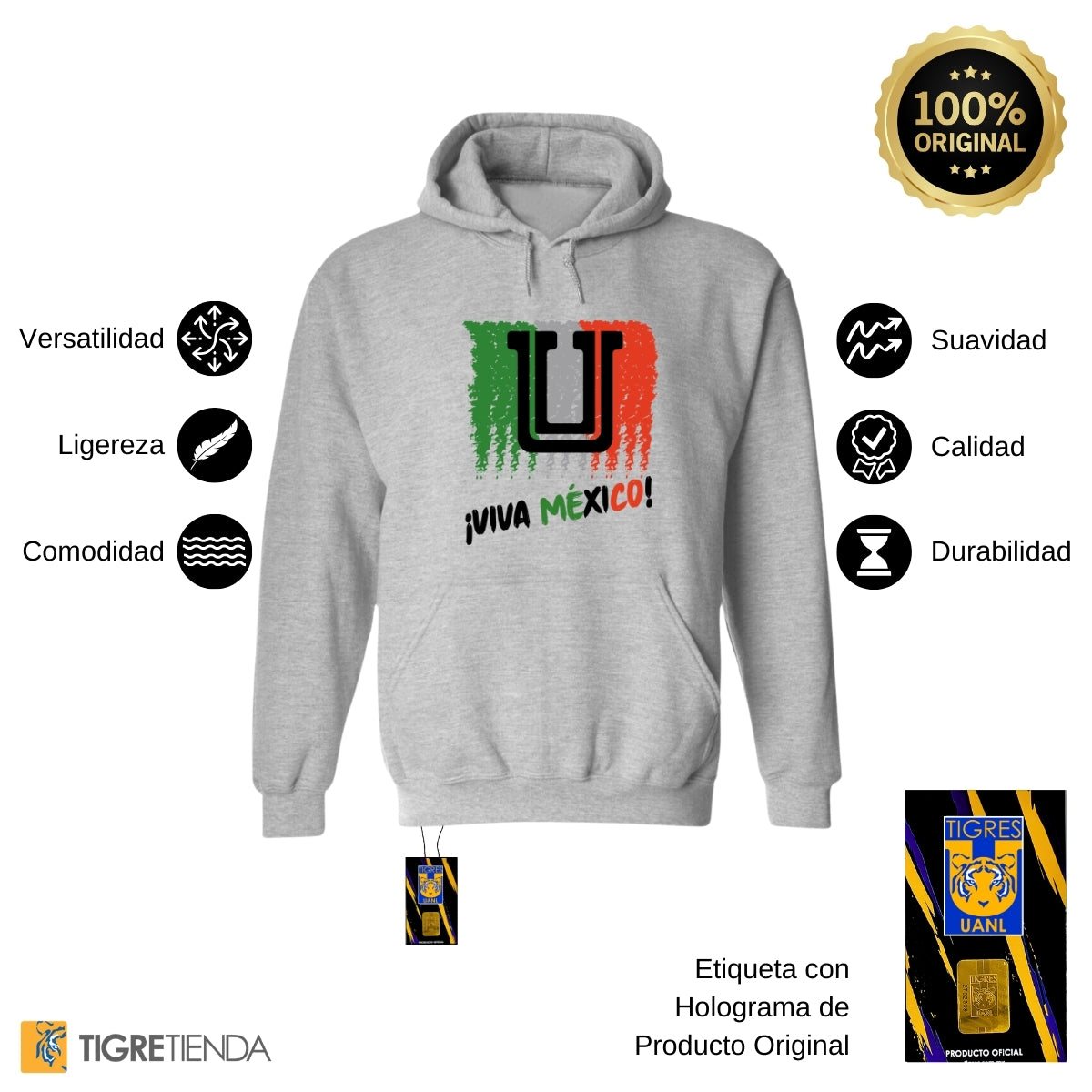 Sudadera Hombre Hoodie Tigres UANL Viva México