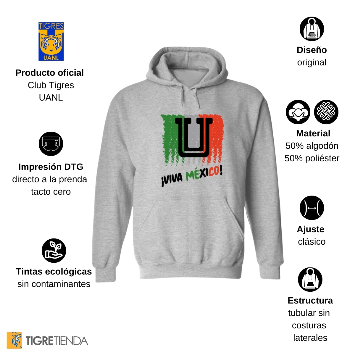 Sudadera Hombre Hoodie Tigres UANL Viva México