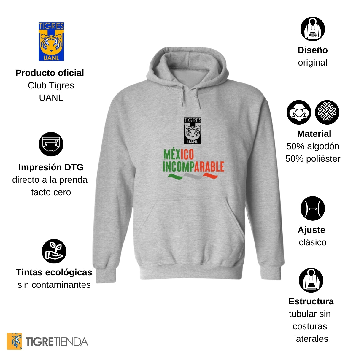 Sudadera Hombre Hoodie Tigres UANL México Incomparable