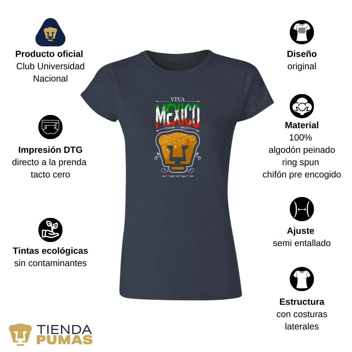 Playera Mujer Pumas UNAM Viva México Escudo