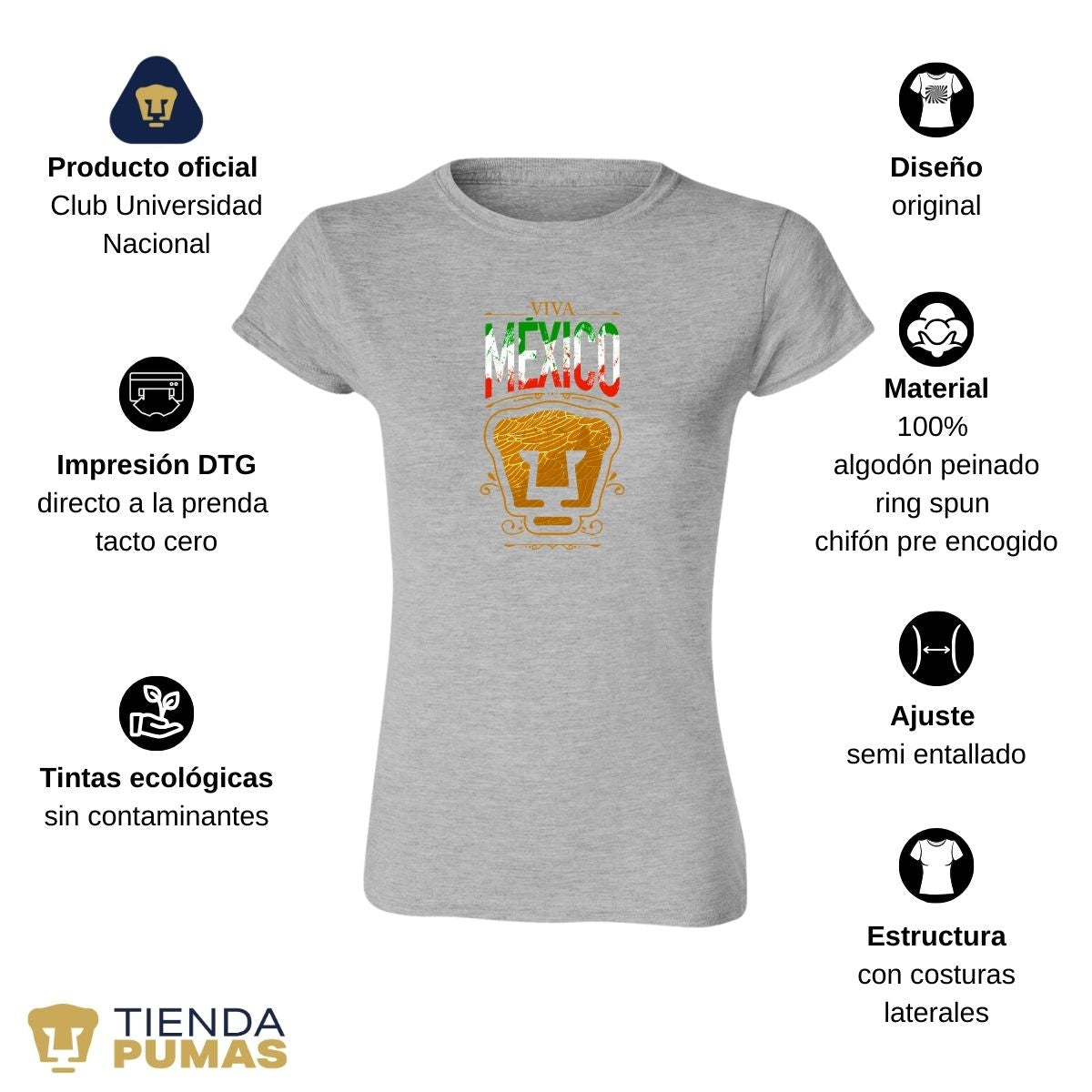 Playera Mujer Pumas UNAM Viva México Escudo