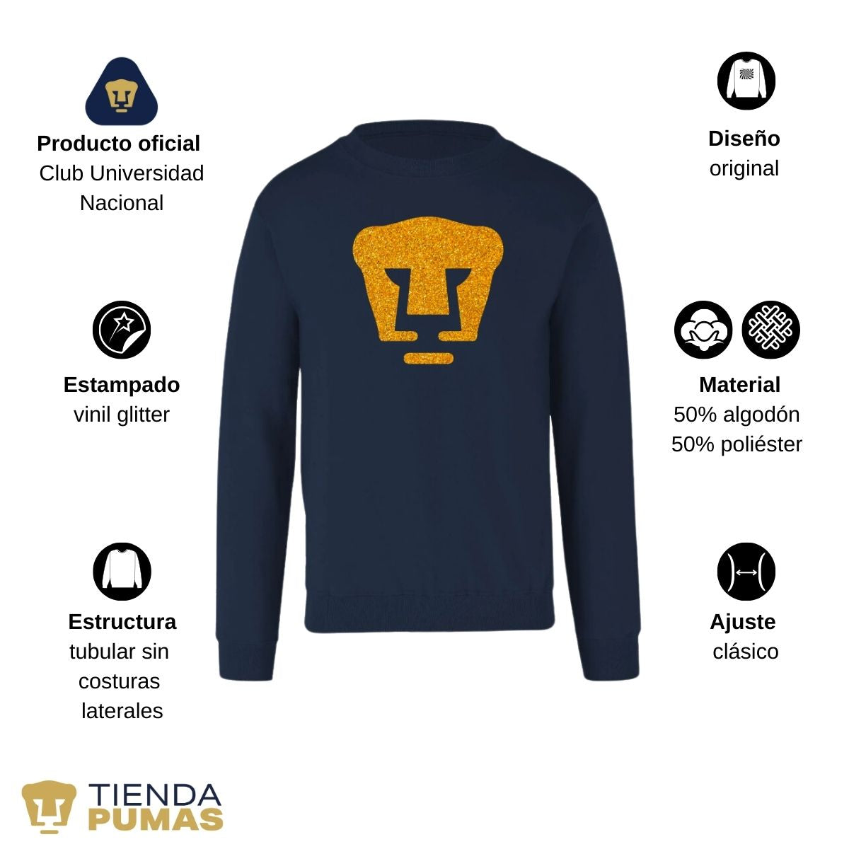 Sudadera Hombre Pumas UNAM Logo Dorado Glitter Vinil